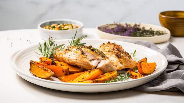 Roasted Chicken with Thyme and Oven-Baked Sweet Potatoes