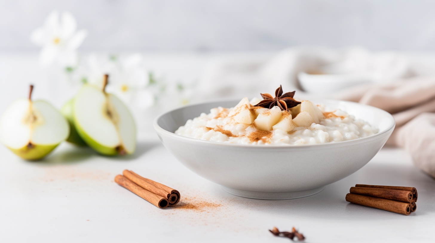 Vanilla Rice Pudding with Cinnamon and Fresh Pear